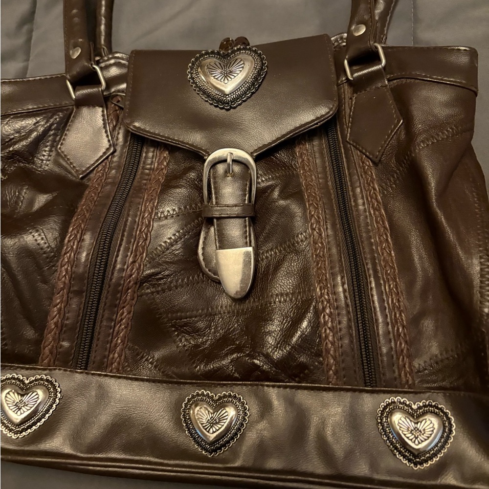Brown Leather Handbag with Heart Accents
